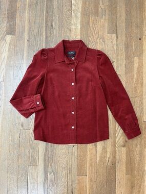 A.P.C. Brick Red Corduroy Button-Down Blouse with puffed sleeves
